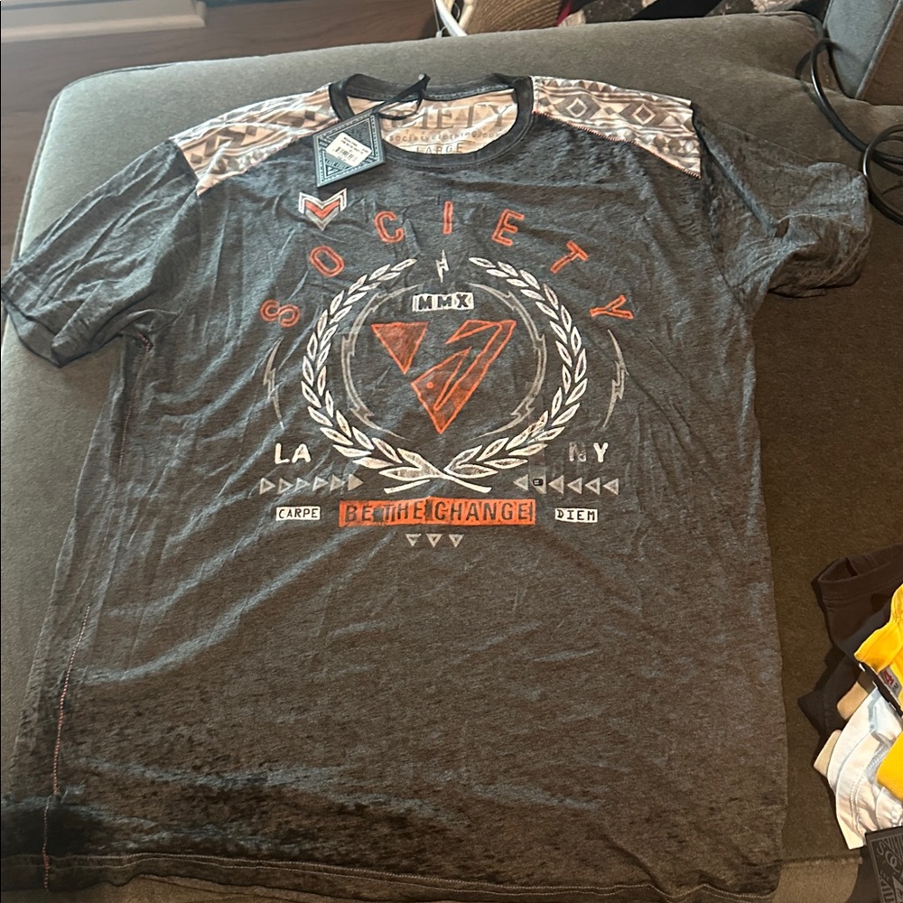 Cue Society Tee with Orange and White Graphics